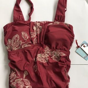 Wine red swim top with embroidered white flowers